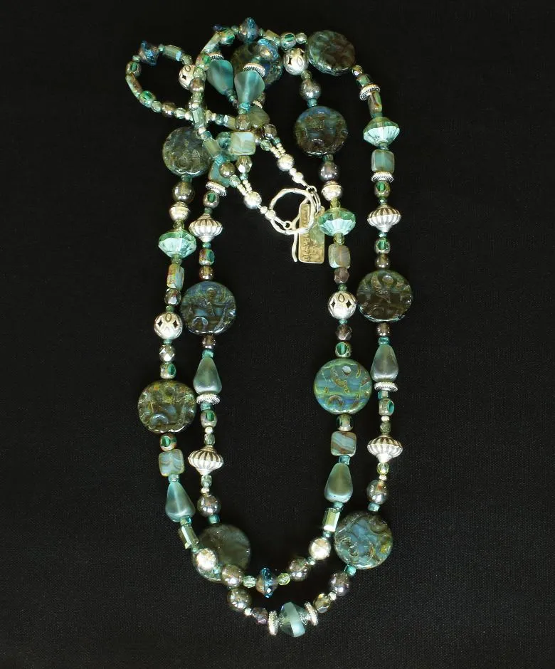 13-Style Mixed Czech Glass & Fire Polished Glass 2-Strand Necklace with Picasso Green Coin Beads, Aqua and Blue Saucer Beads, Matte Blue Glass Pyramids, and Ornate Sterling Silver Beads and Toggle Clasp