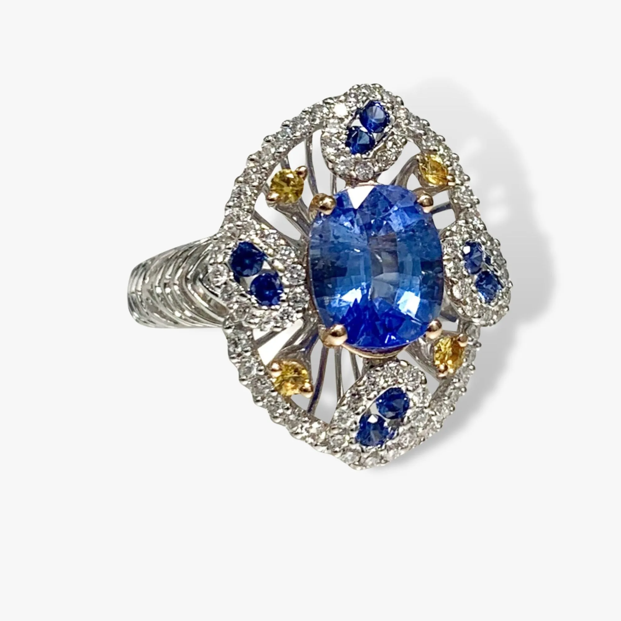 18k White Gold Oval Cut Blue and Yellow Sapphire Diamond Ring