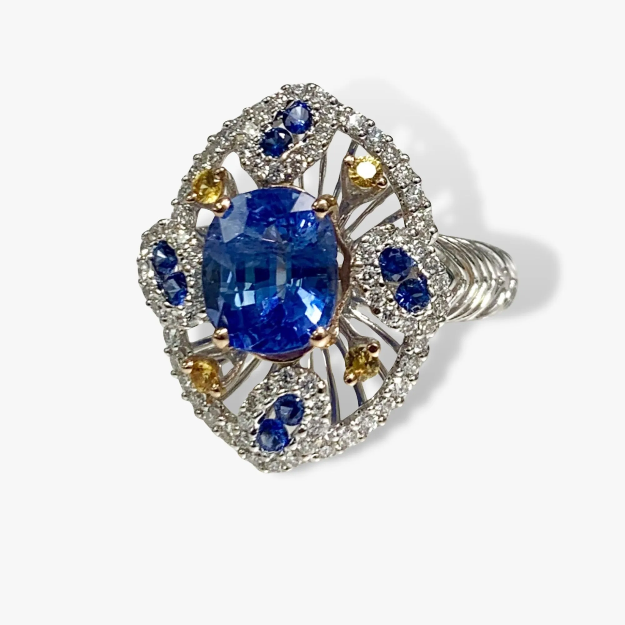 18k White Gold Oval Cut Blue and Yellow Sapphire Diamond Ring