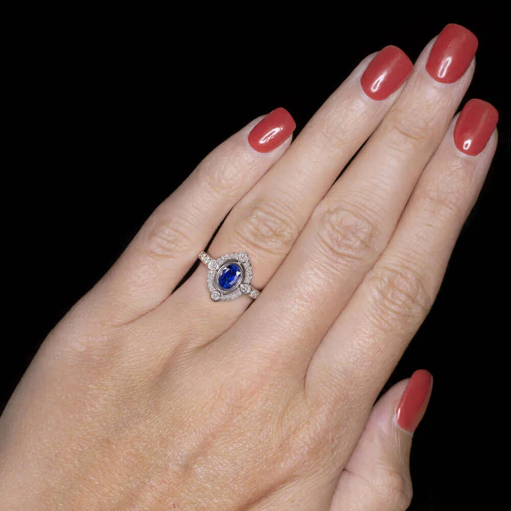 1ct NATURAL SAPPHIRE 1/3ct DIAMOND COCKTAIL RING VINTAGE STYLE HALO ENGAGEMENT