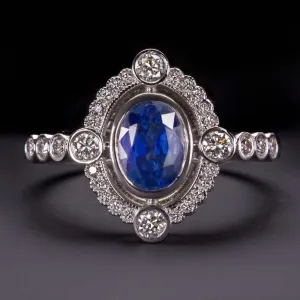 1ct NATURAL SAPPHIRE 1/3ct DIAMOND COCKTAIL RING VINTAGE STYLE HALO ENGAGEMENT