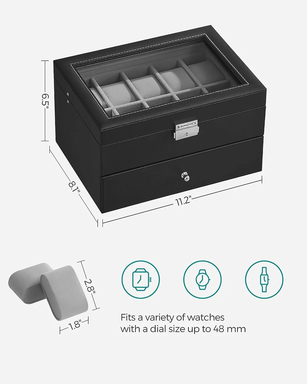 20-Slot Watch Box 2 Layers Glass Lid Synthetic Leather - SONGMICS