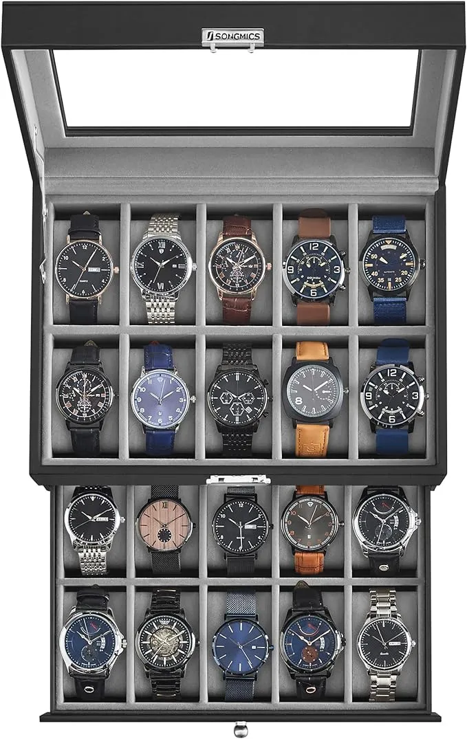 20-Slot Watch Box 2 Layers Glass Lid Synthetic Leather - SONGMICS