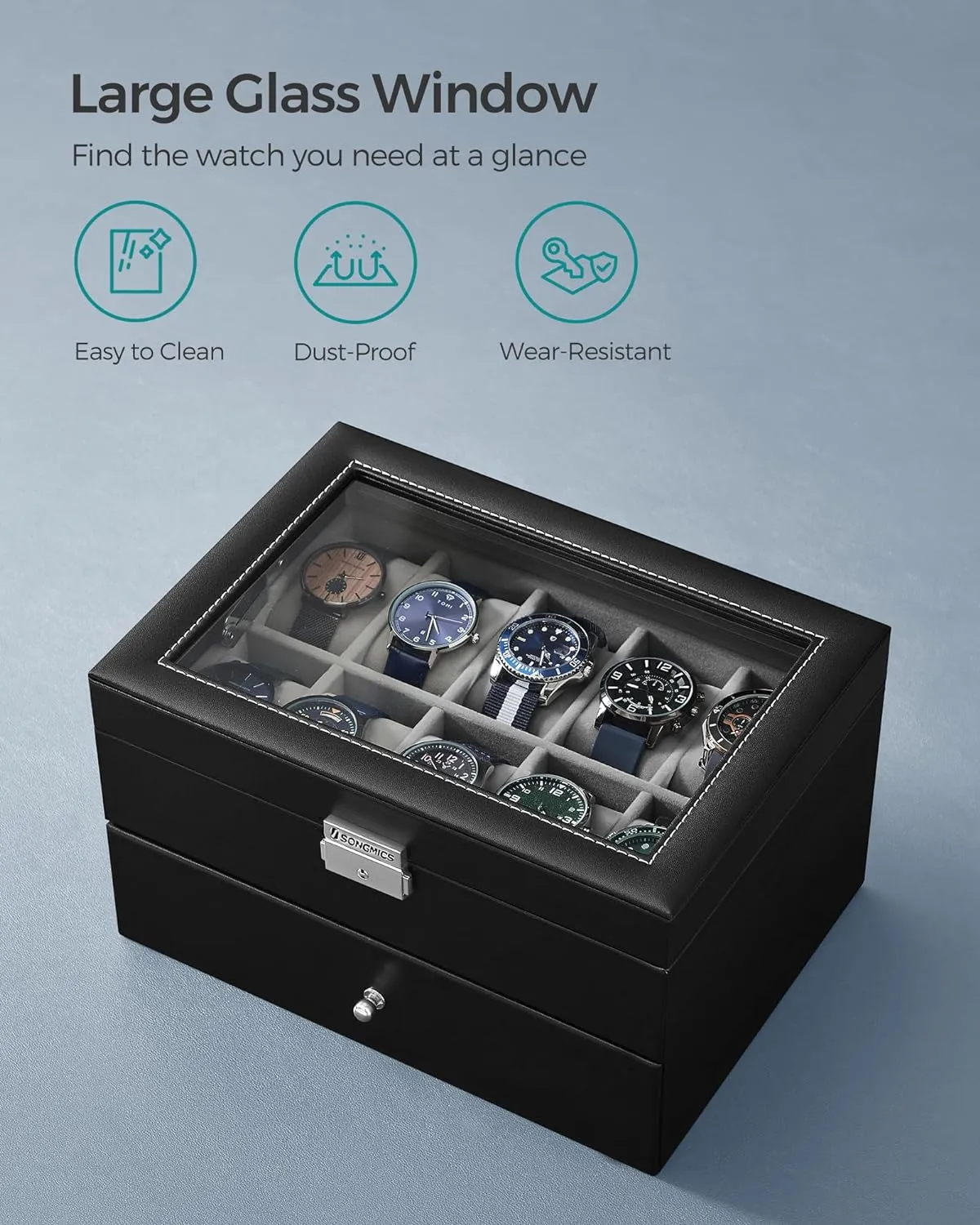 20-Slot Watch Box 2 Layers Glass Lid Synthetic Leather - SONGMICS