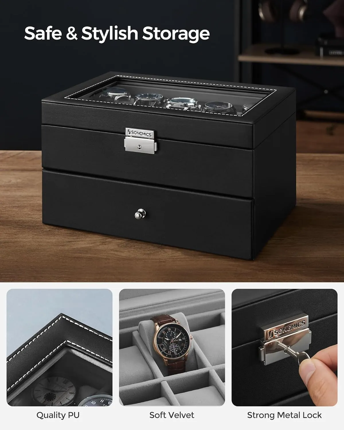 20-Slot Watch Box 2 Layers Glass Lid Synthetic Leather - SONGMICS