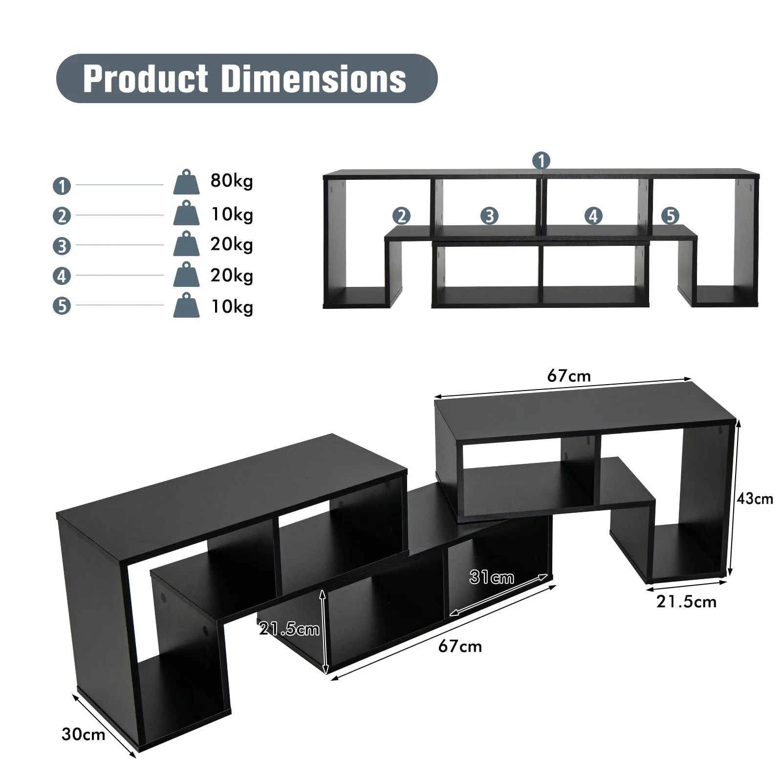 3 Pieces Convertible TV Stand for TVs up to 65 Inches-Black