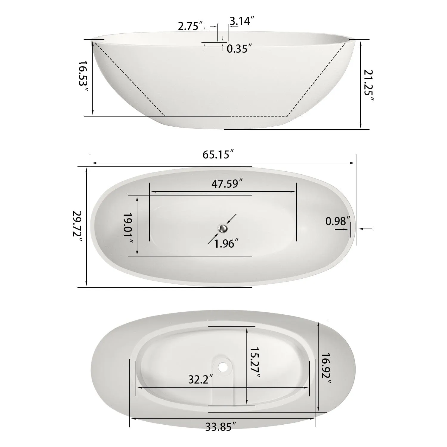 65" Modern Oval Tub Solid Surface Stone Resin Freestanding Soaking Bathtub with Tub Tray