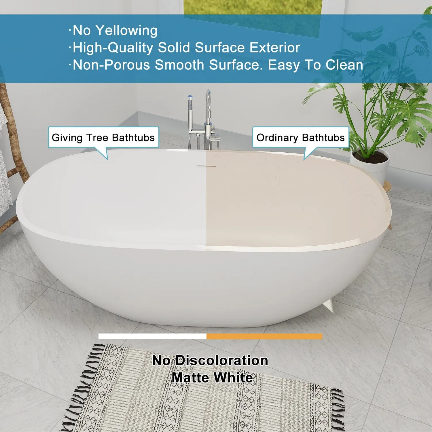 65" Modern Oval Tub Solid Surface Stone Resin Freestanding Soaking Bathtub with Tub Tray