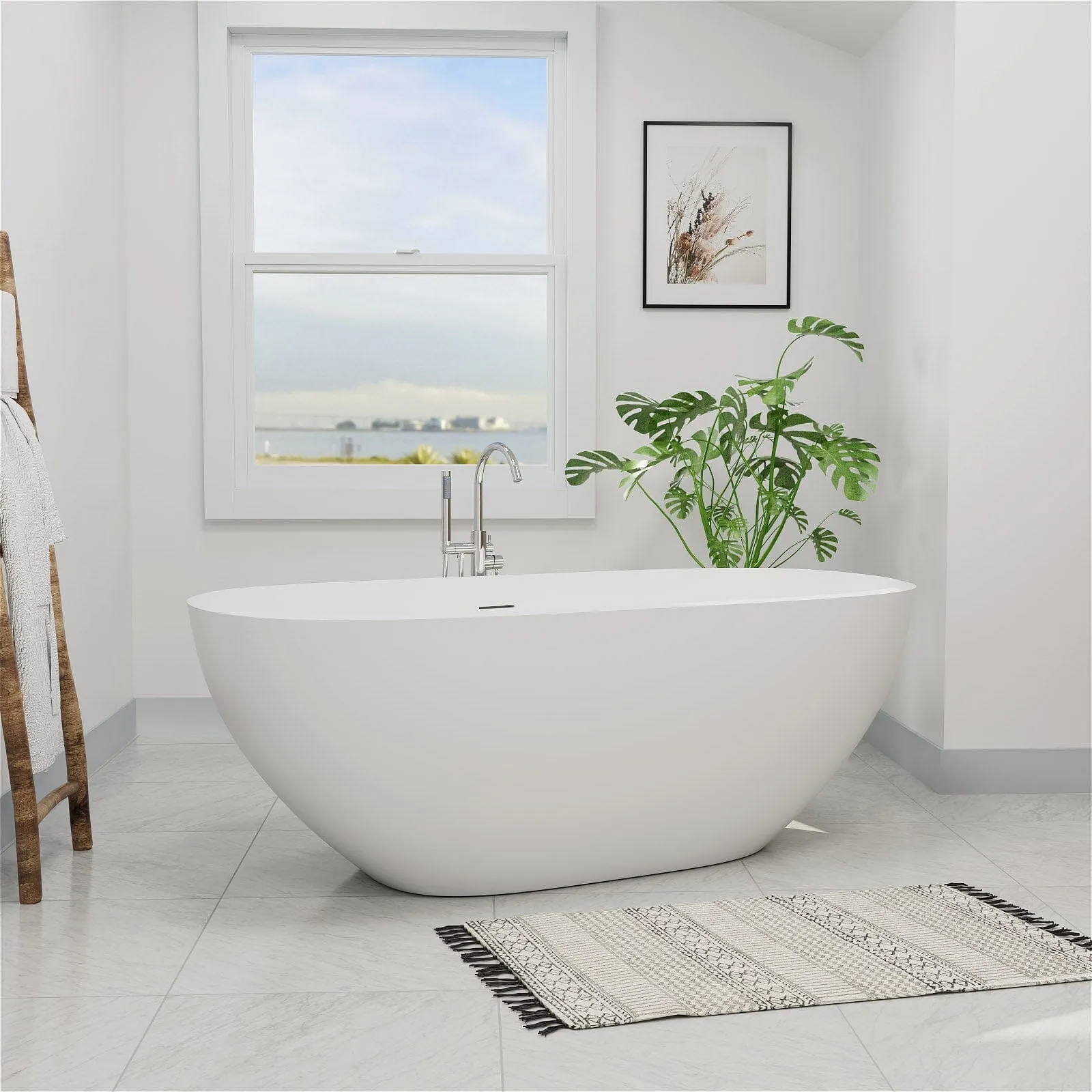 65" Modern Oval Tub Solid Surface Stone Resin Freestanding Soaking Bathtub with Tub Tray