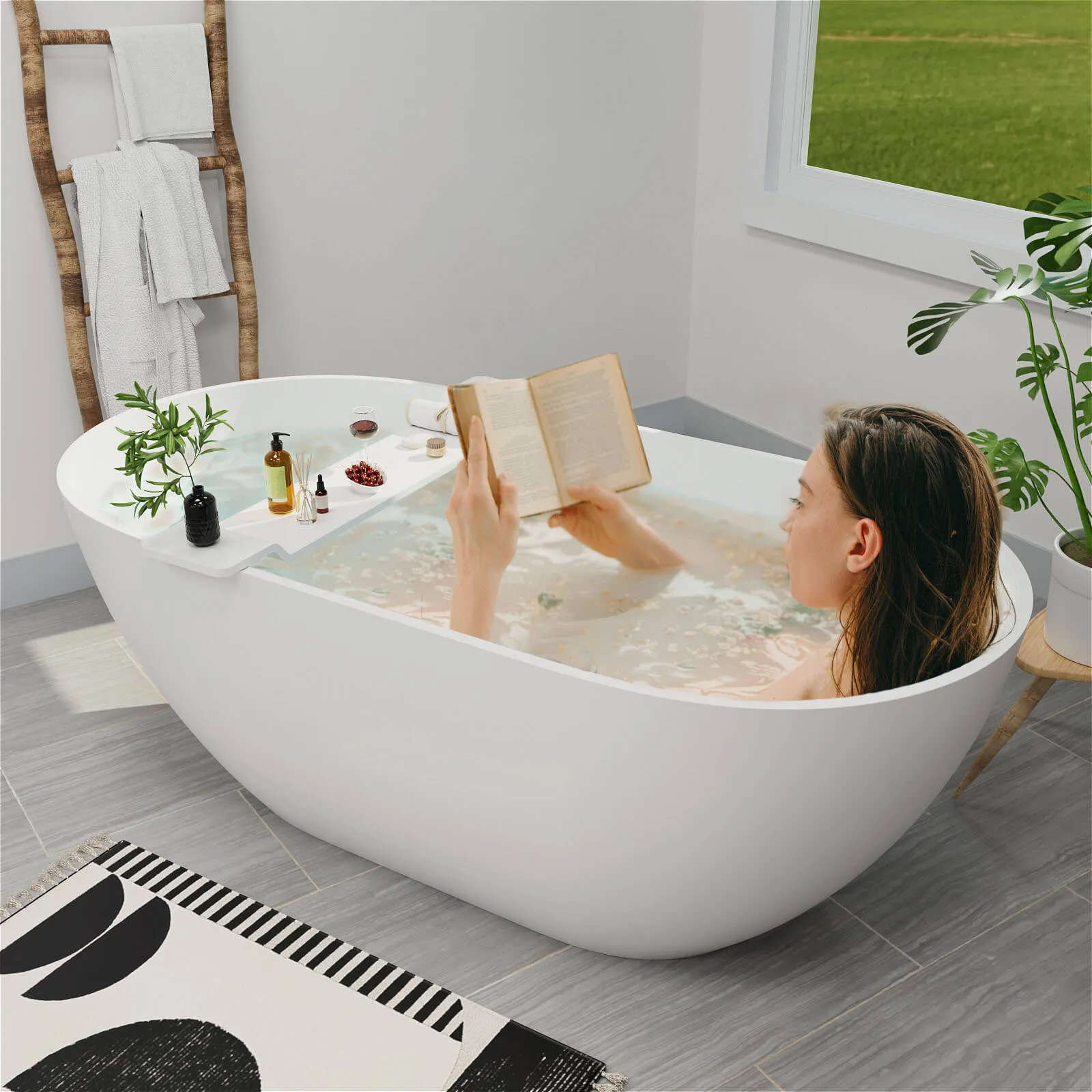 65" Modern Oval Tub Solid Surface Stone Resin Freestanding Soaking Bathtub with Tub Tray