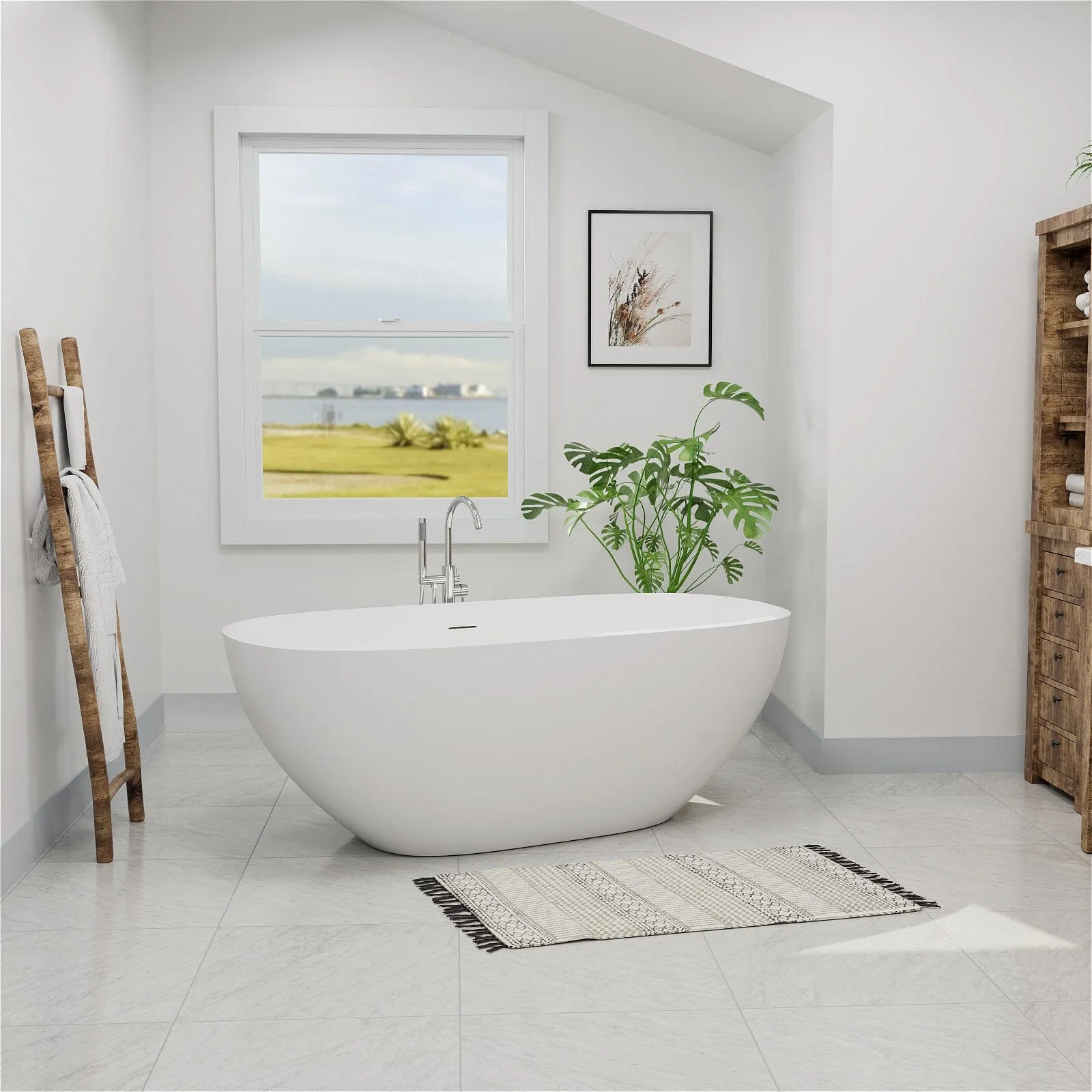 65" Modern Oval Tub Solid Surface Stone Resin Freestanding Soaking Bathtub with Tub Tray