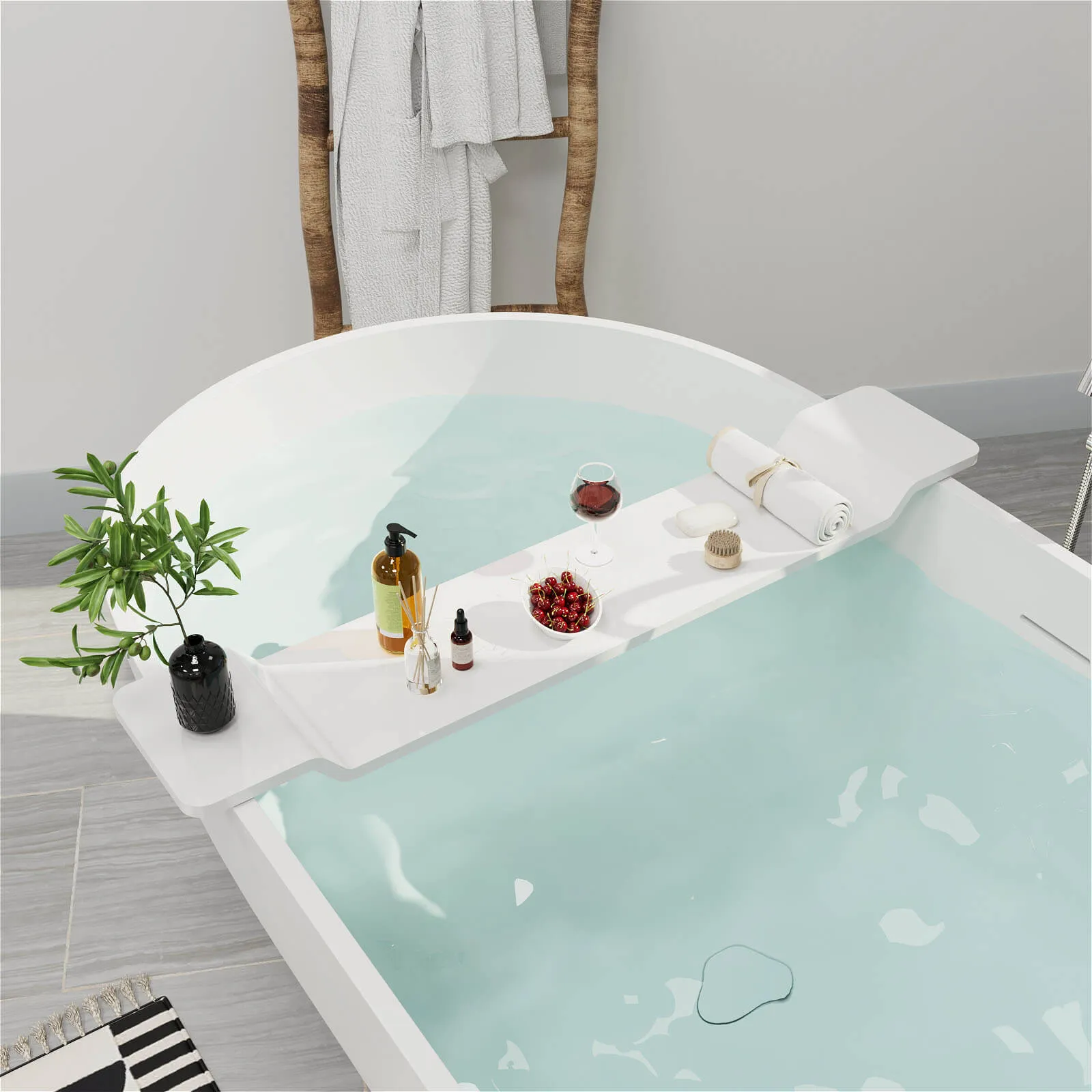 65" Modern Oval Tub Solid Surface Stone Resin Freestanding Soaking Bathtub with Tub Tray