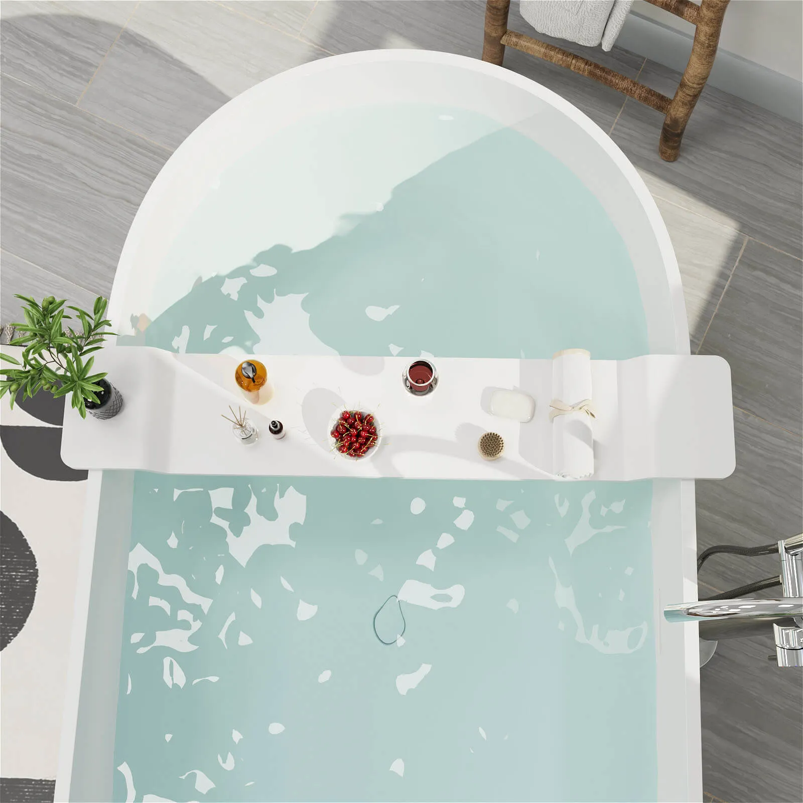 65" Modern Oval Tub Solid Surface Stone Resin Freestanding Soaking Bathtub with Tub Tray