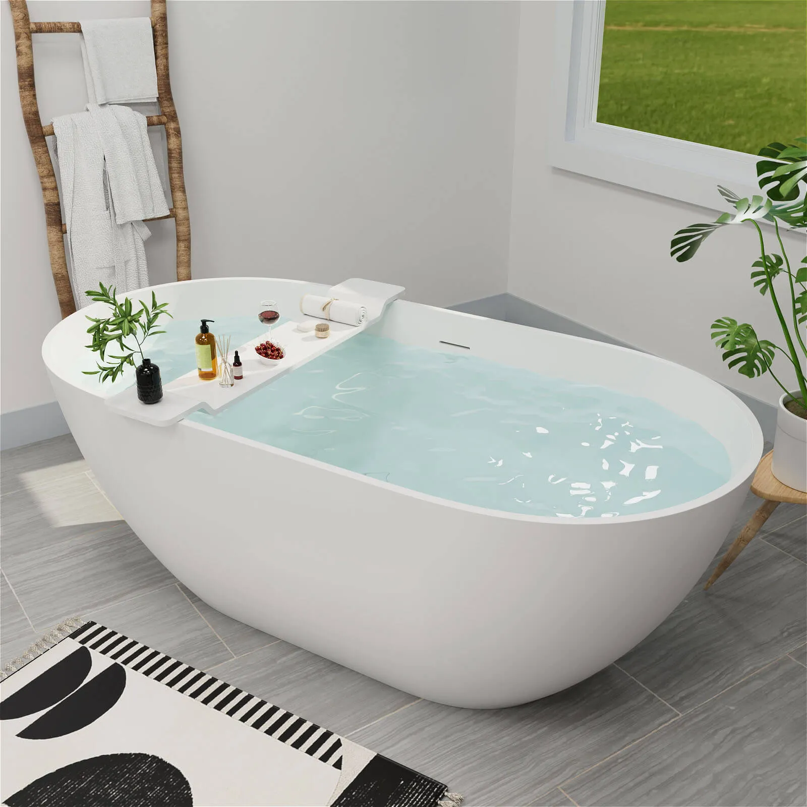 65" Modern Oval Tub Solid Surface Stone Resin Freestanding Soaking Bathtub with Tub Tray