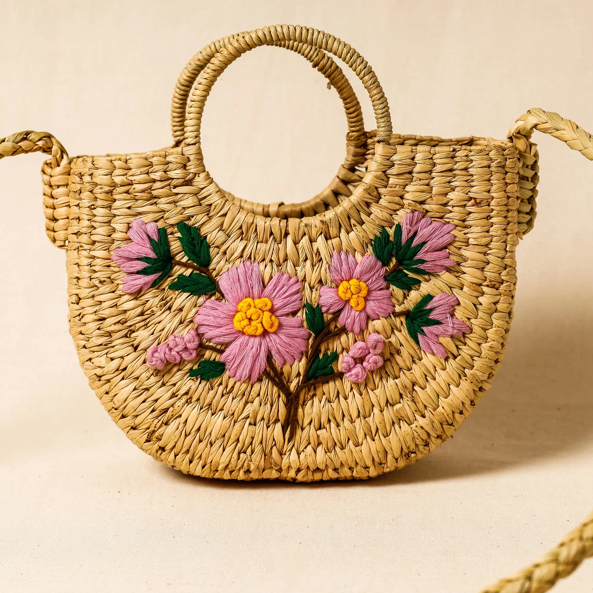 Beige - Handcrafted Natural Water Reed Embroidered Hand/Sling Bag