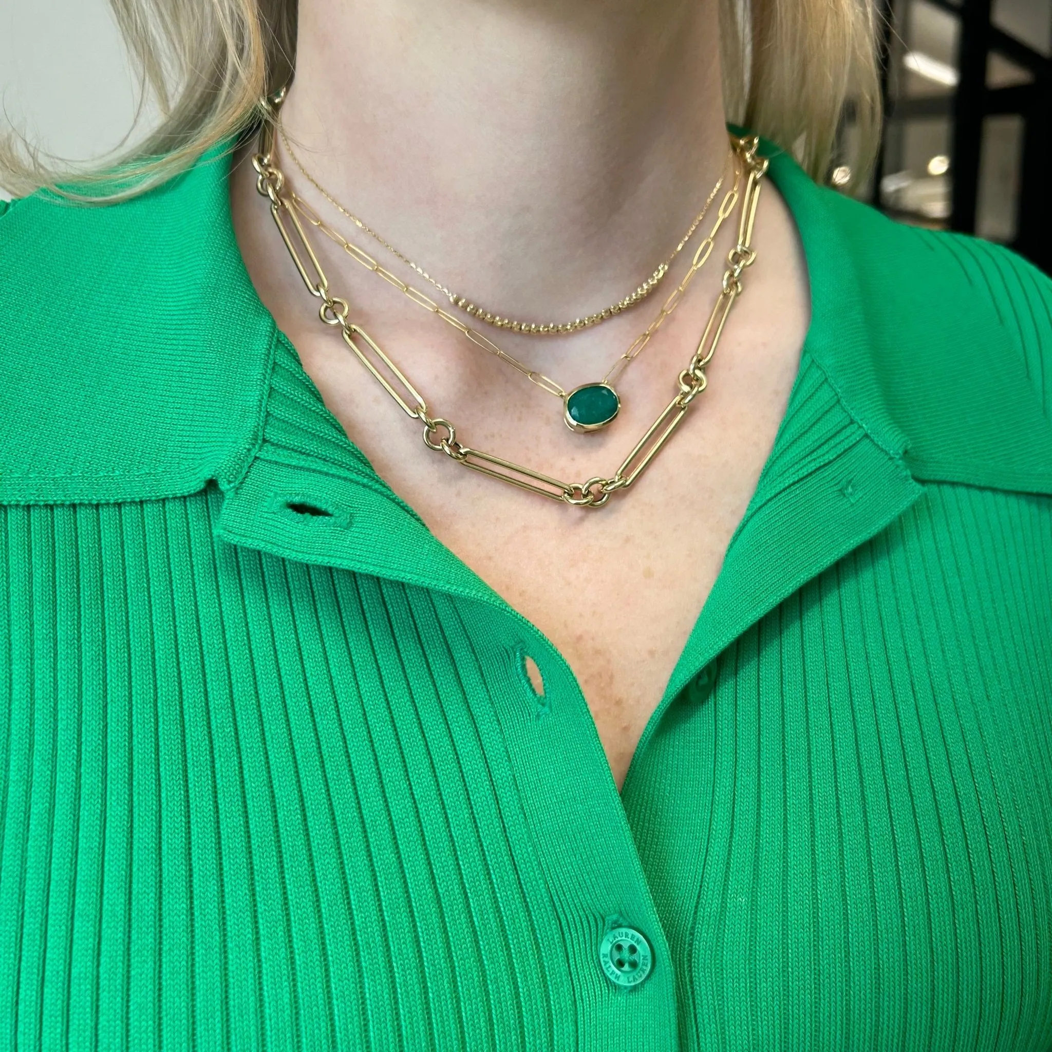 Bezel Set Oval Cut Emerald Paper Clip Necklace