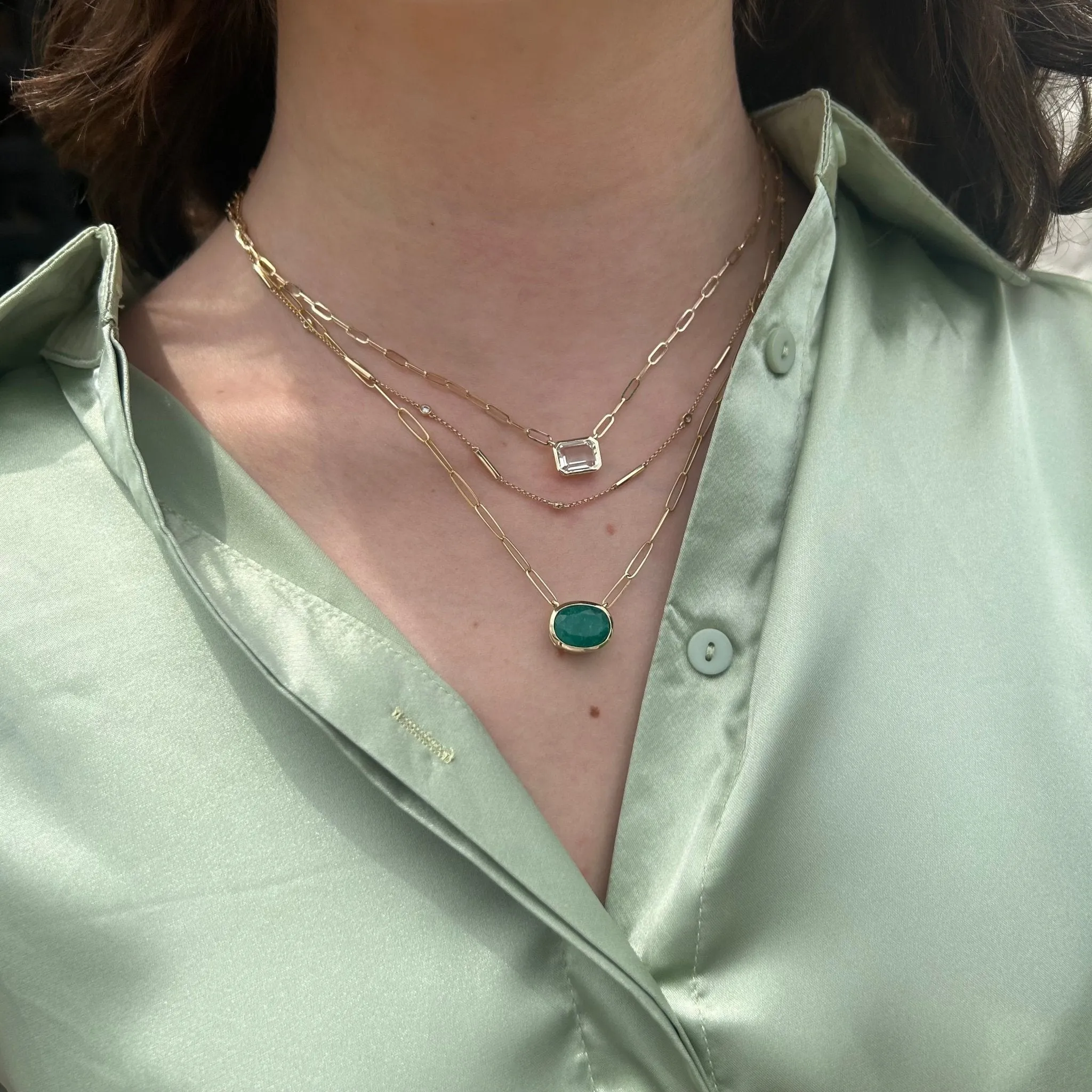 Bezel Set Oval Cut Emerald Paper Clip Necklace