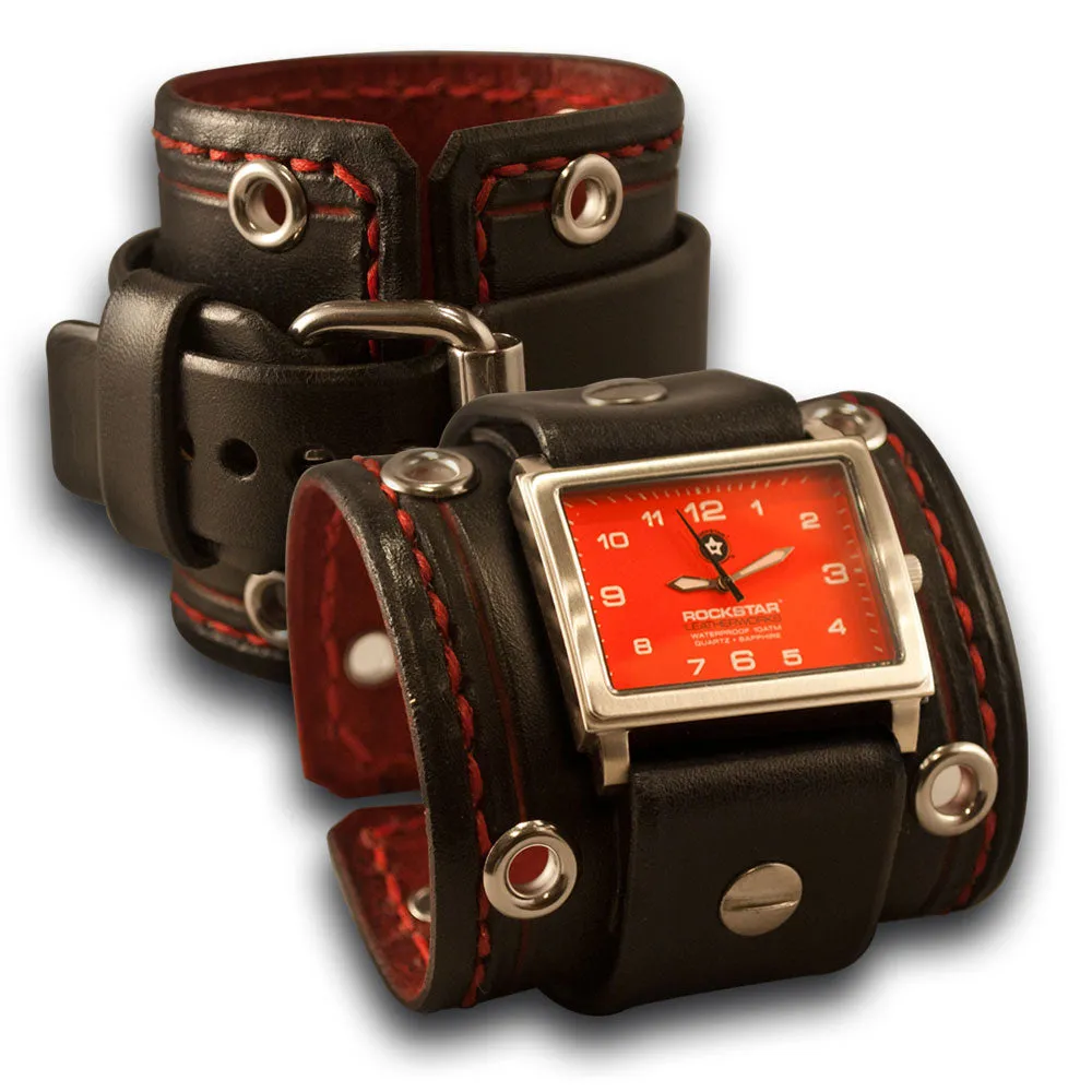 Black & Red 42mm Leather Cuff Watch with Stitching & Eyelets