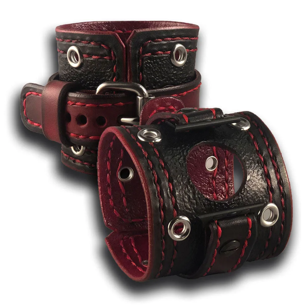 Black & Red Apple Leather Cuff Band with Stainless Eyelets