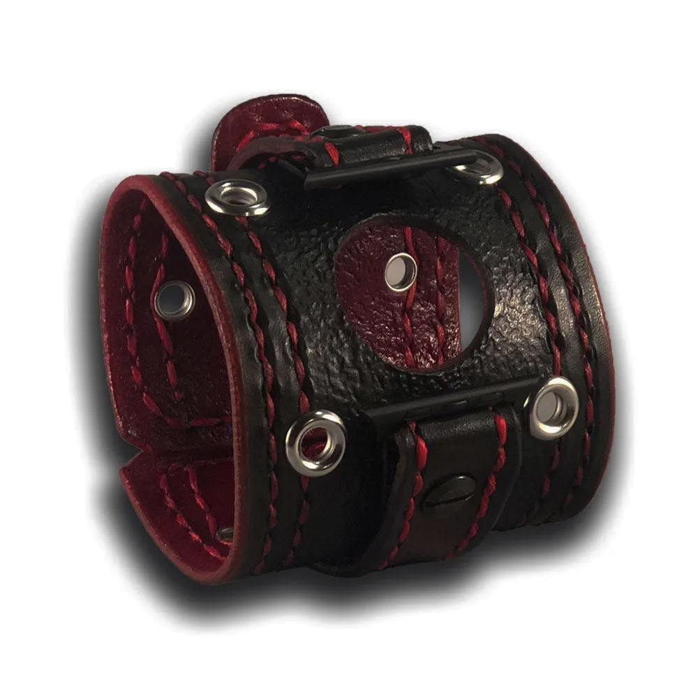 Black & Red Apple Leather Cuff Band with Stainless Eyelets