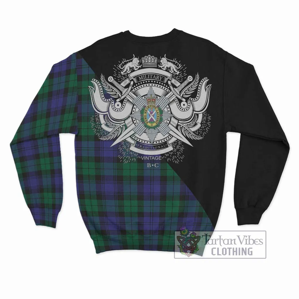 Black Watch Modern Tartan Sweatshirt with Family Crest and Military Logo Style