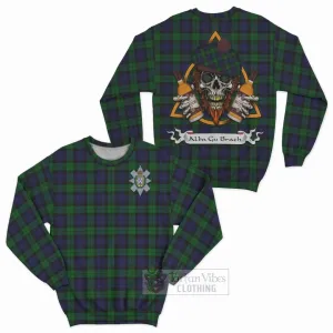 Black Watch Tartan Sweatshirt with Family Crest and Bearded Skull Holding Bottles of Whiskey