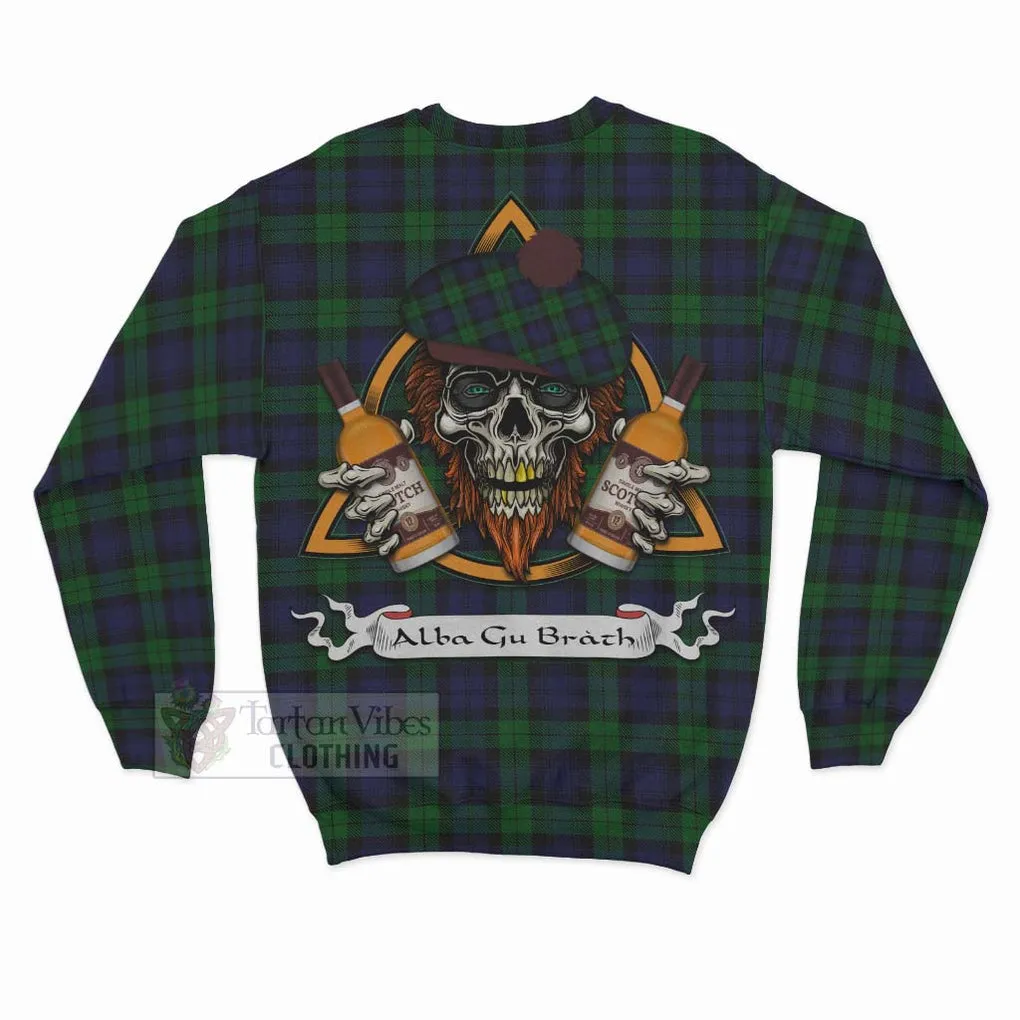 Black Watch Tartan Sweatshirt with Family Crest and Bearded Skull Holding Bottles of Whiskey