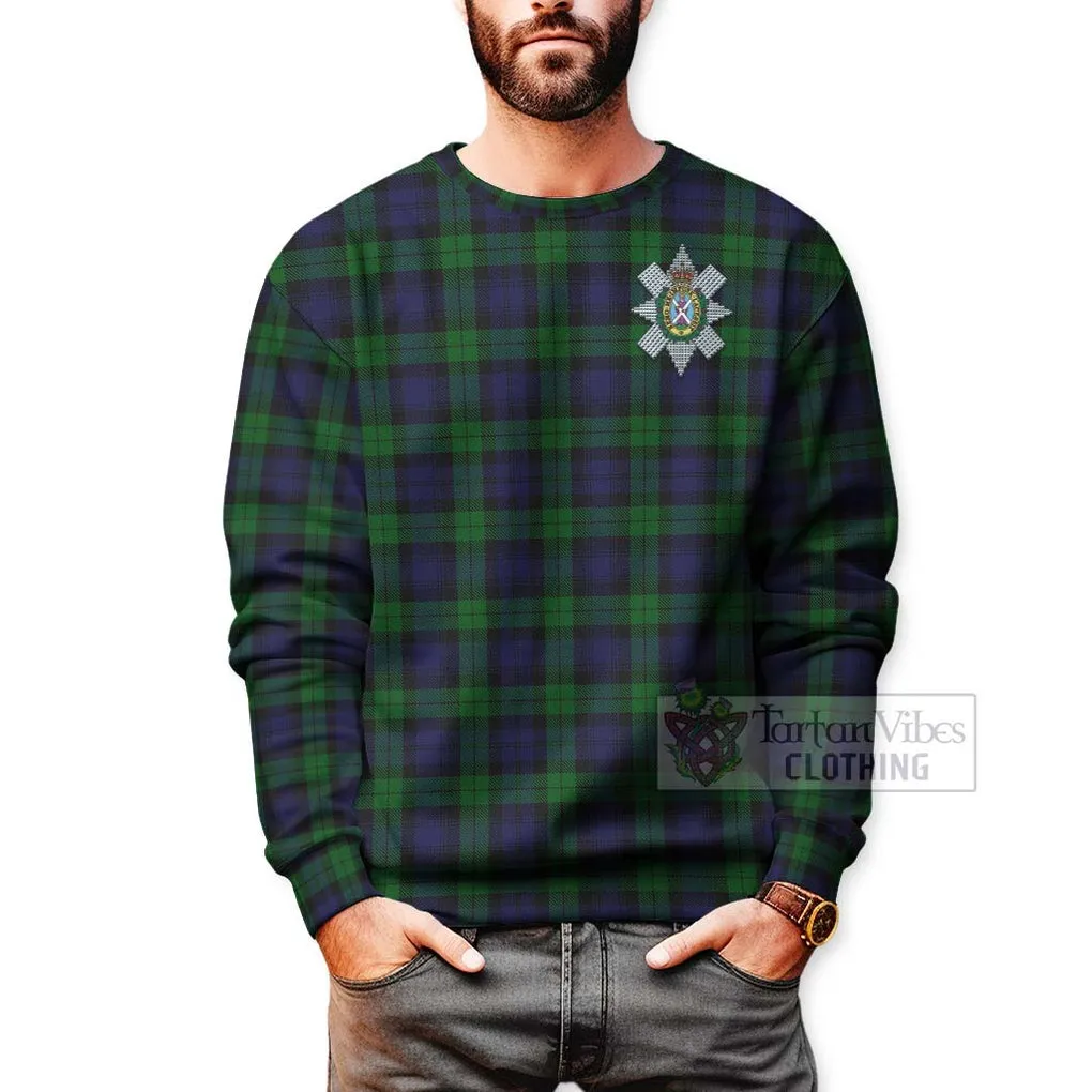 Black Watch Tartan Sweatshirt with Family Crest and Bearded Skull Holding Bottles of Whiskey