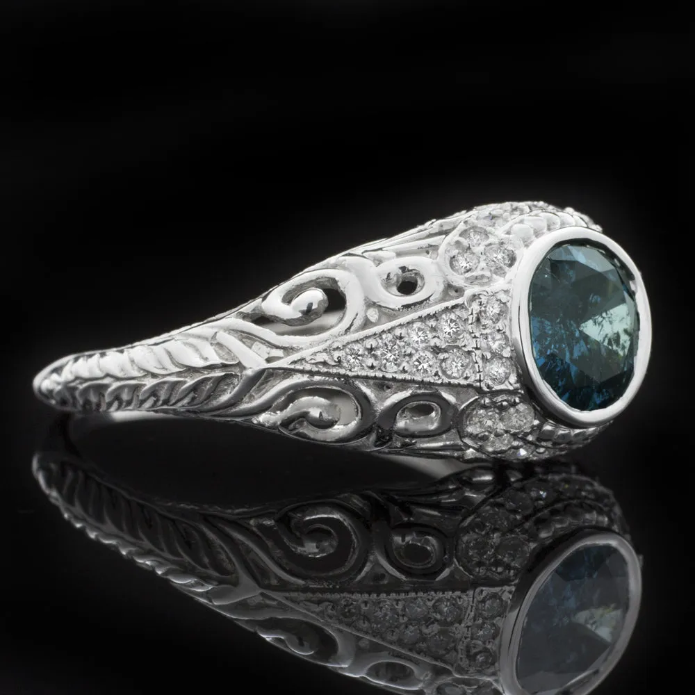 BLUE DIAMOND VINTAGE STYLE RING 14k WHITE GOLD ROUND CUT NATURAL FILIGREE TEAL