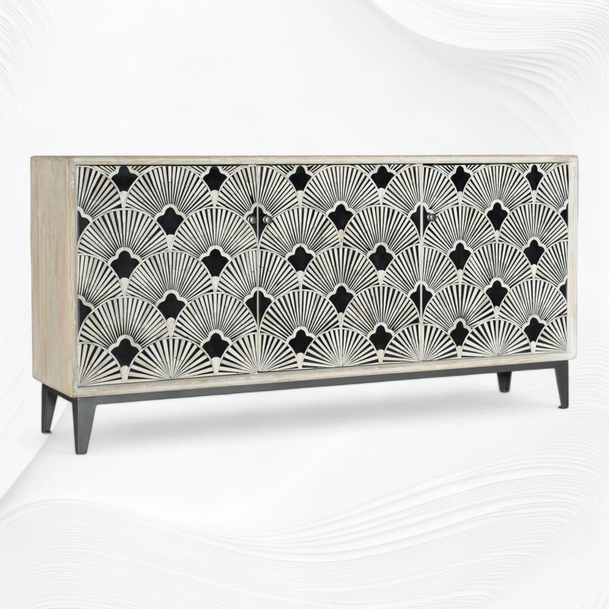 Bone Inlay Flower Credenza White Distress Finish