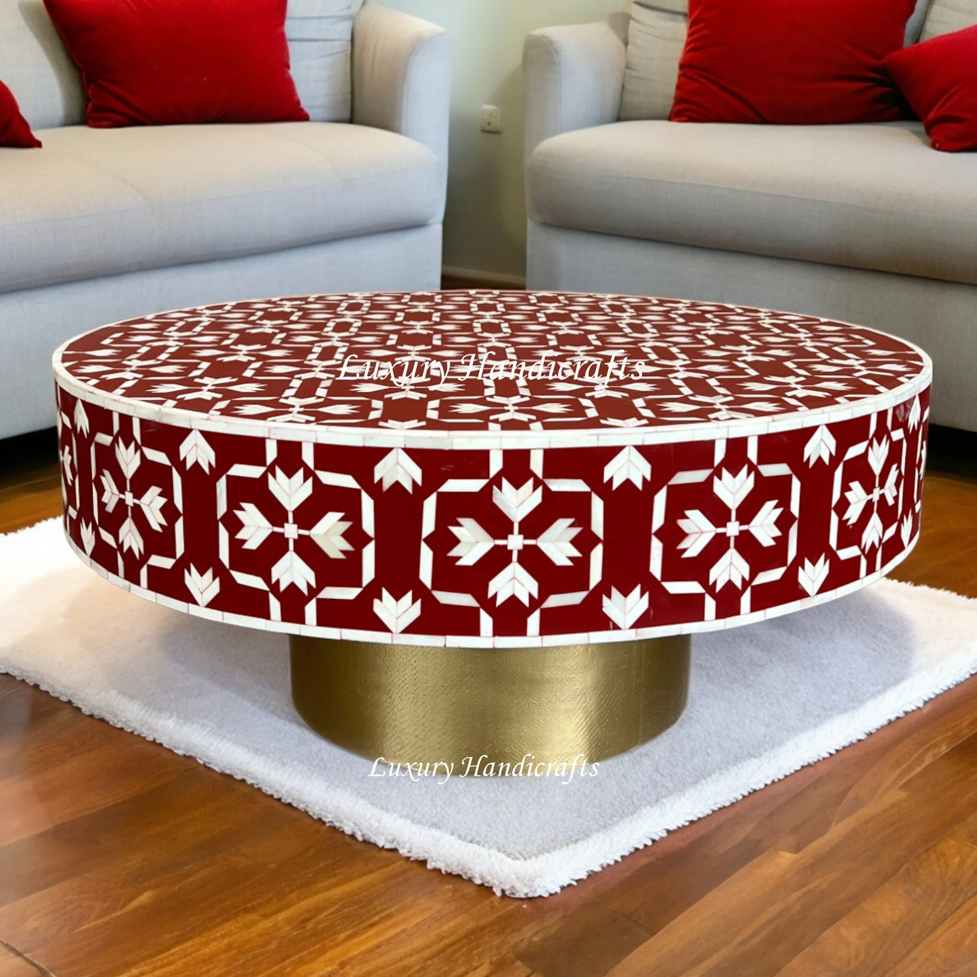 Bone Inlay Lotus Coffee Table Dark Red | Bone Inlay Tables