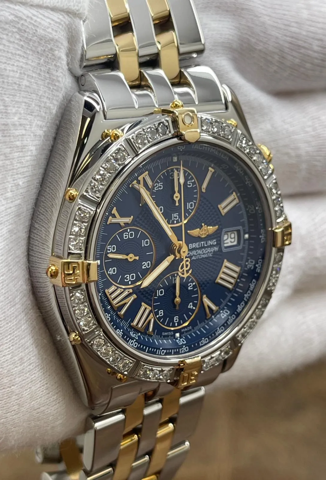 Breitling Crosswind 43mm Custom Diamond Bezel B13055 Blue Roman Dial Automatic Men's Watch