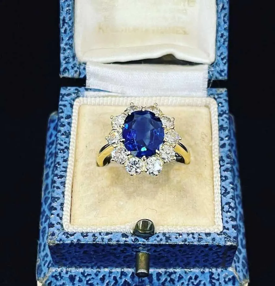 Ceylon Sapphire and Diamond Oval Cluster Ring