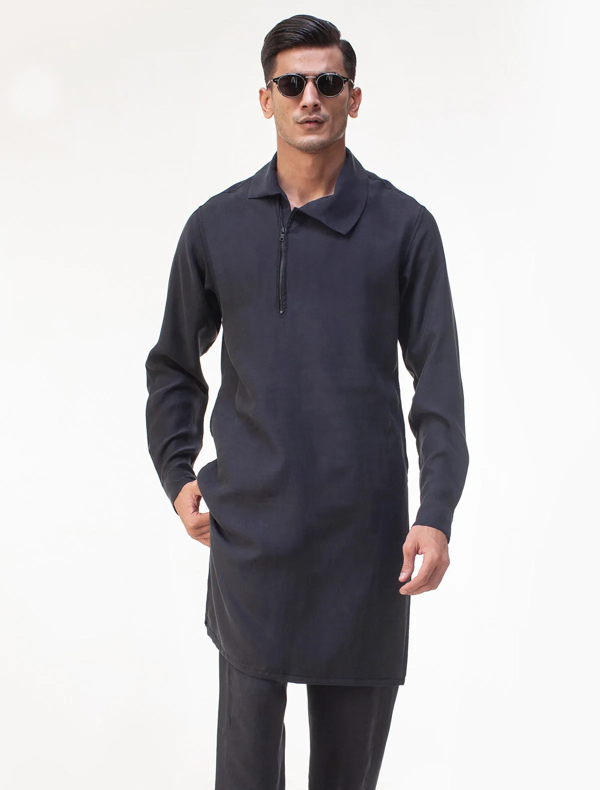 CHARCOAL GRAY FALL COLLAR KURTA PAJAMA