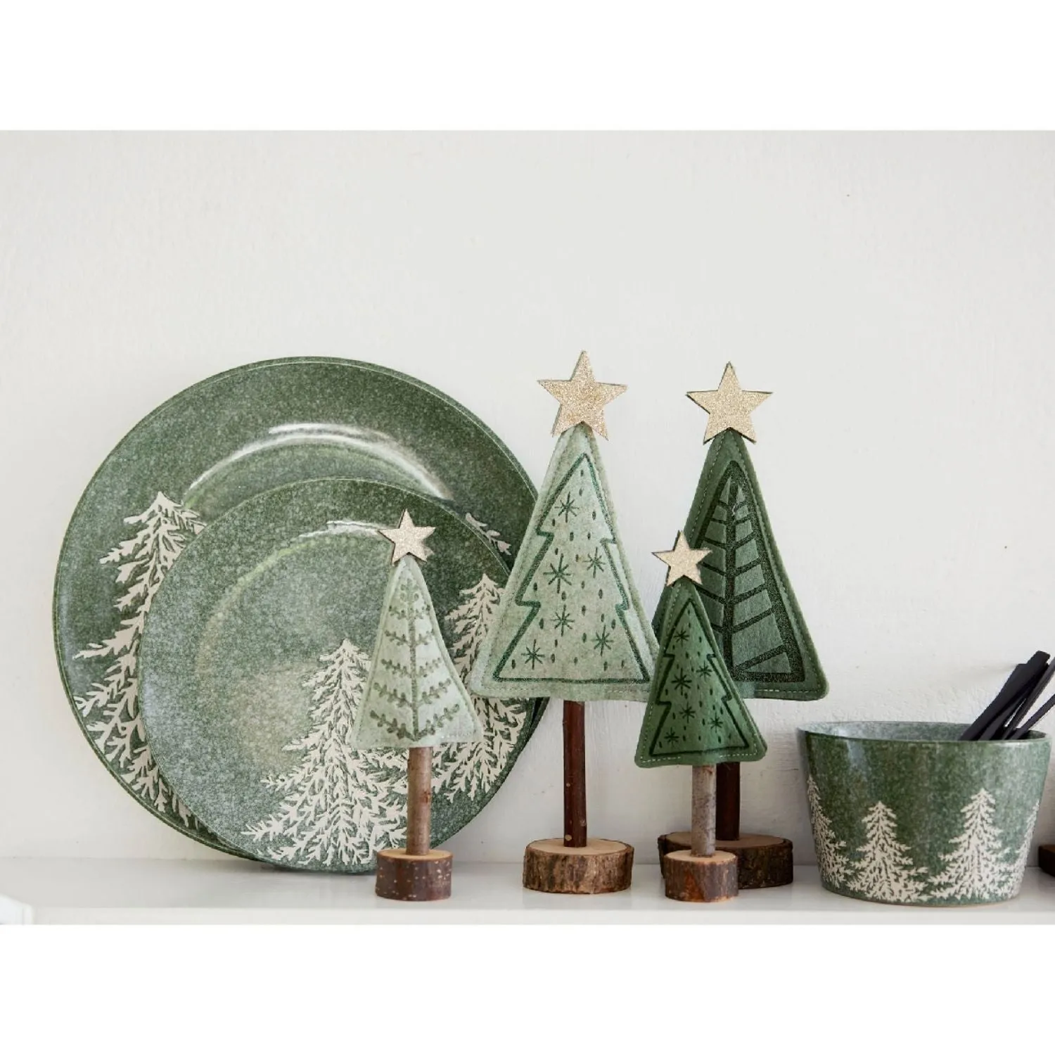 Decoris 20cm Green Felt Tree with Wooden Base Ornament (Choice of 2)