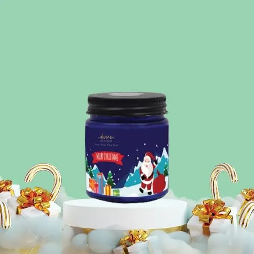 Divine Senses Festive Christmas Candle with Ornate Design and Cinnamon-Evergreen Fragrance - Perfect Holiday Centerpiece and Gift Set of 4 (Blue Jar)