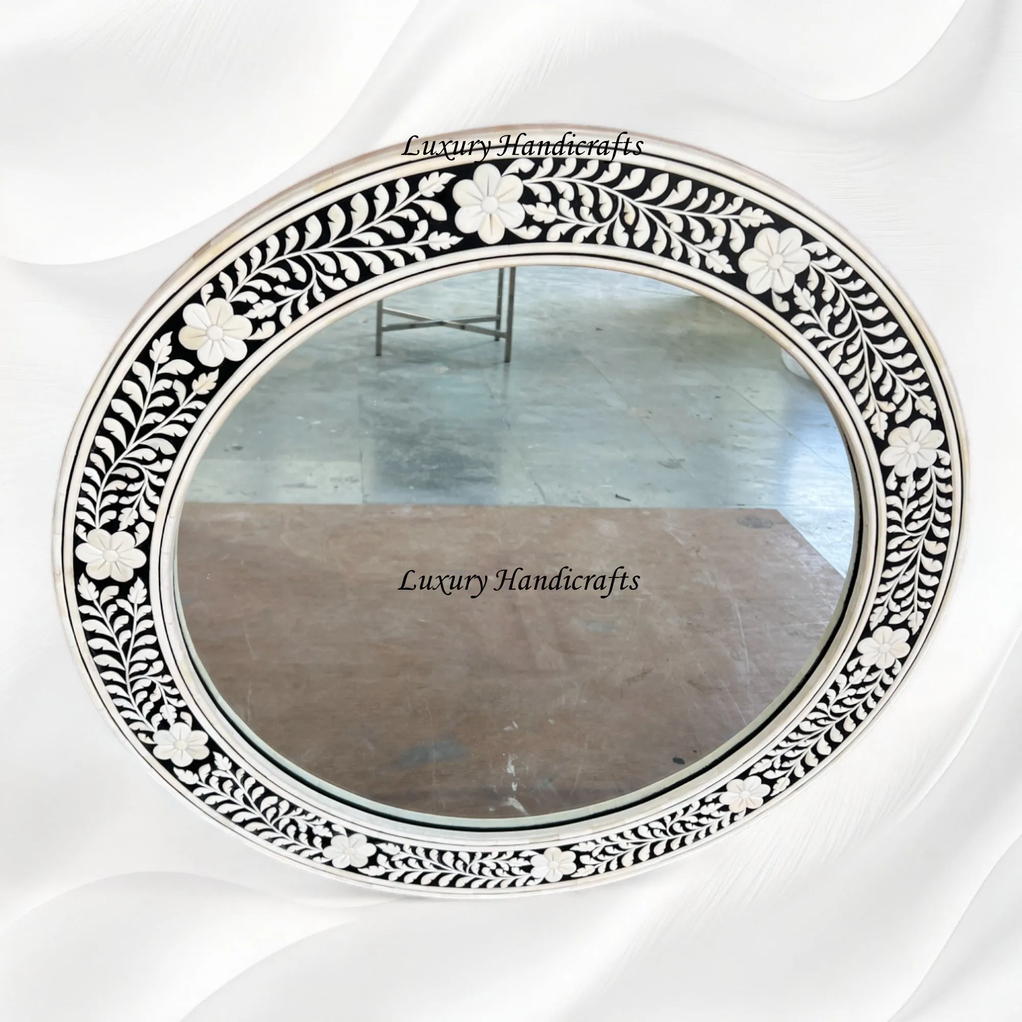 Embossed Bone Inlay Floral Mirror Round