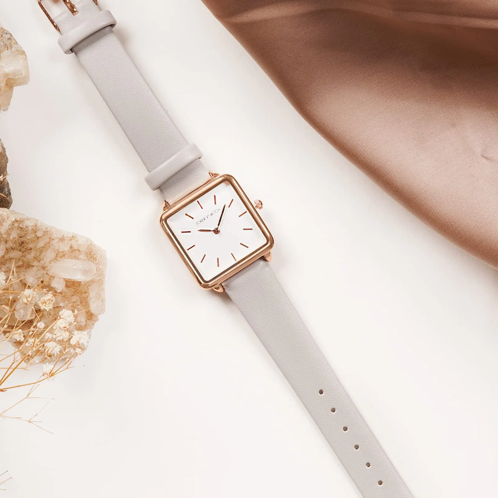 Emily Square White Dial Grey Strap Watch