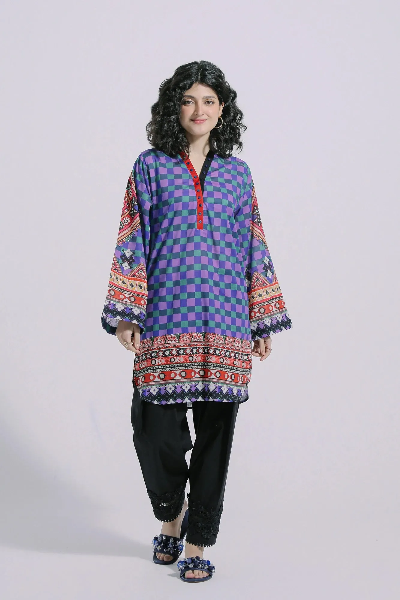 Ethnic Purple Checkered Printed Lawn Shirt