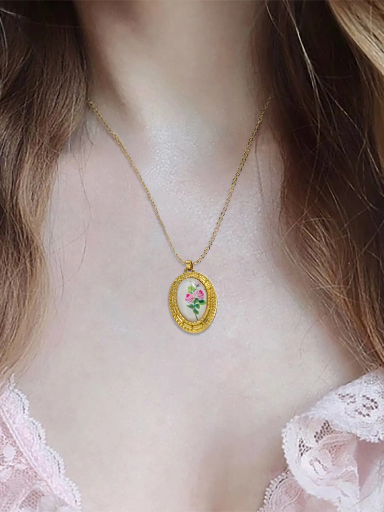 Flower Pattern Oval Charm Necklace Jewelry for Women Gift for Her Necklace