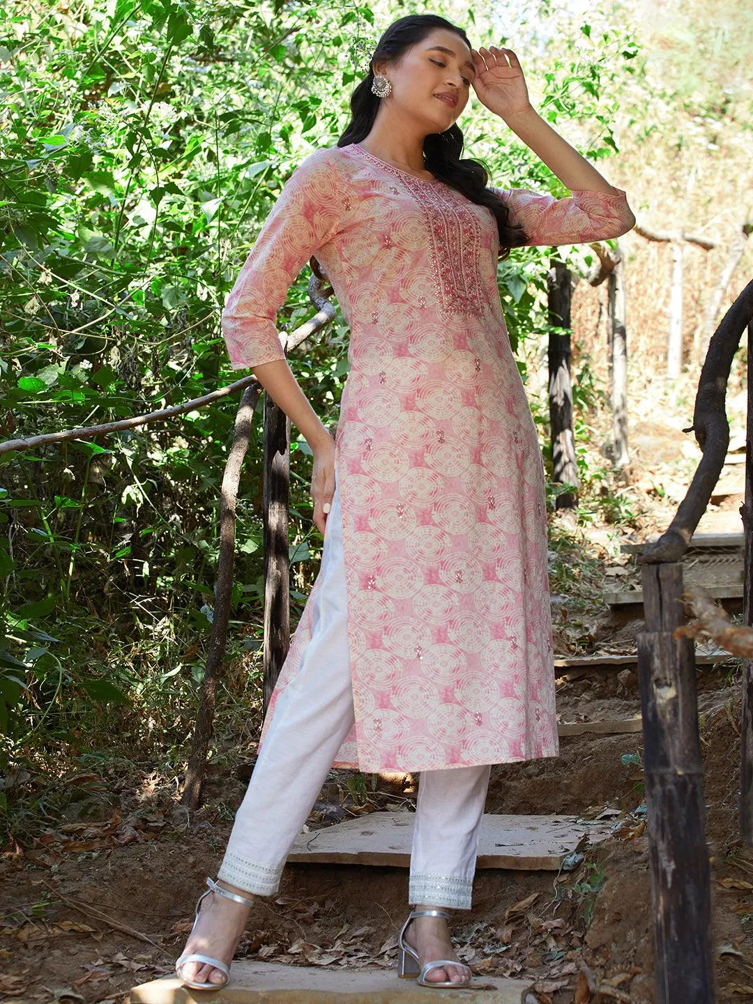 Geometric Abstract Printed & Embroidered Straight Fit Kurta - Pink