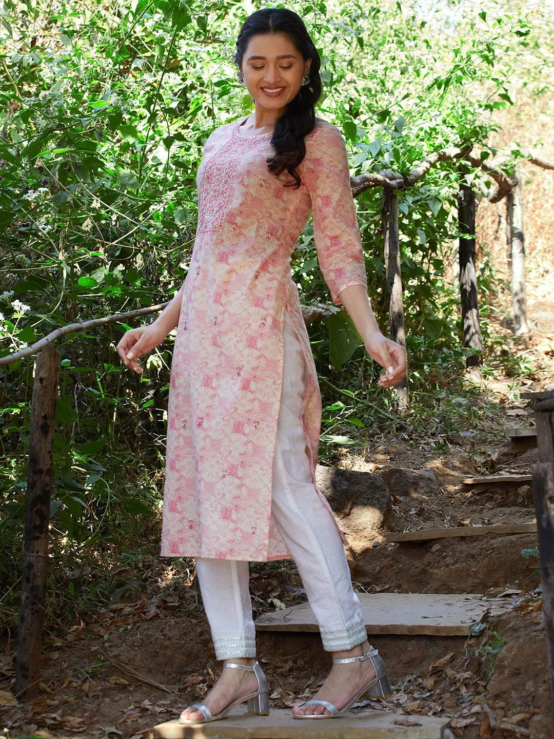 Geometric Abstract Printed & Embroidered Straight Fit Kurta - Pink