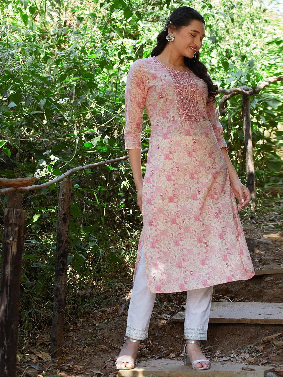 Geometric Abstract Printed & Embroidered Straight Fit Kurta - Pink