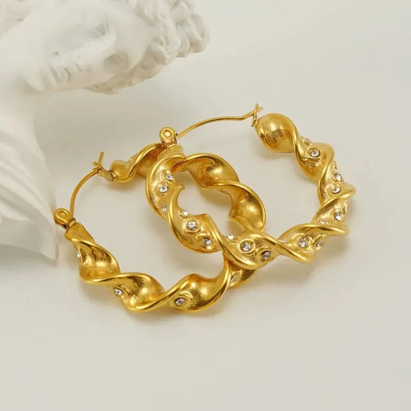 Gold-Plated Twisted Hoop Drop Earrings with Rhinestones – Trendy Earrings