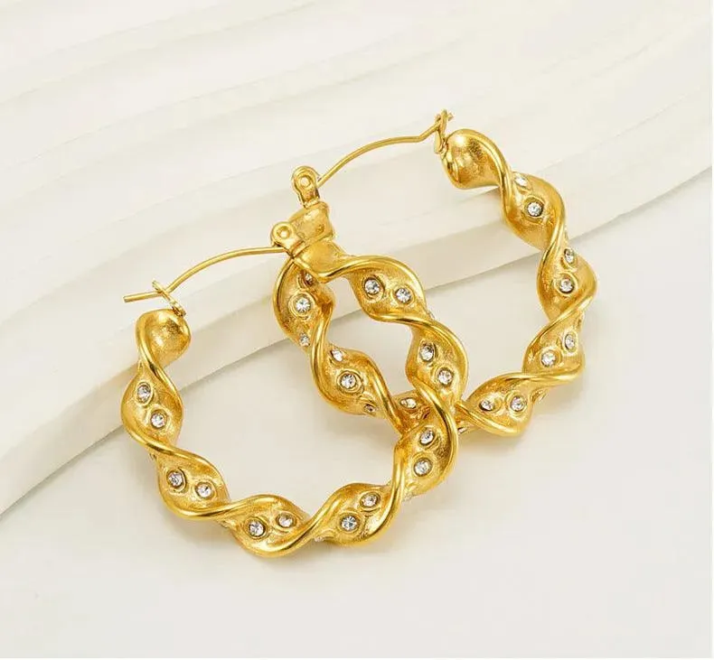 Gold-Plated Twisted Hoop Drop Earrings with Rhinestones – Trendy Earrings