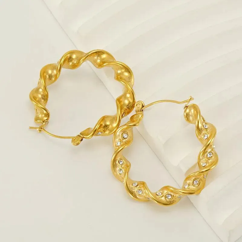 Gold-Plated Twisted Hoop Drop Earrings with Rhinestones – Trendy Earrings