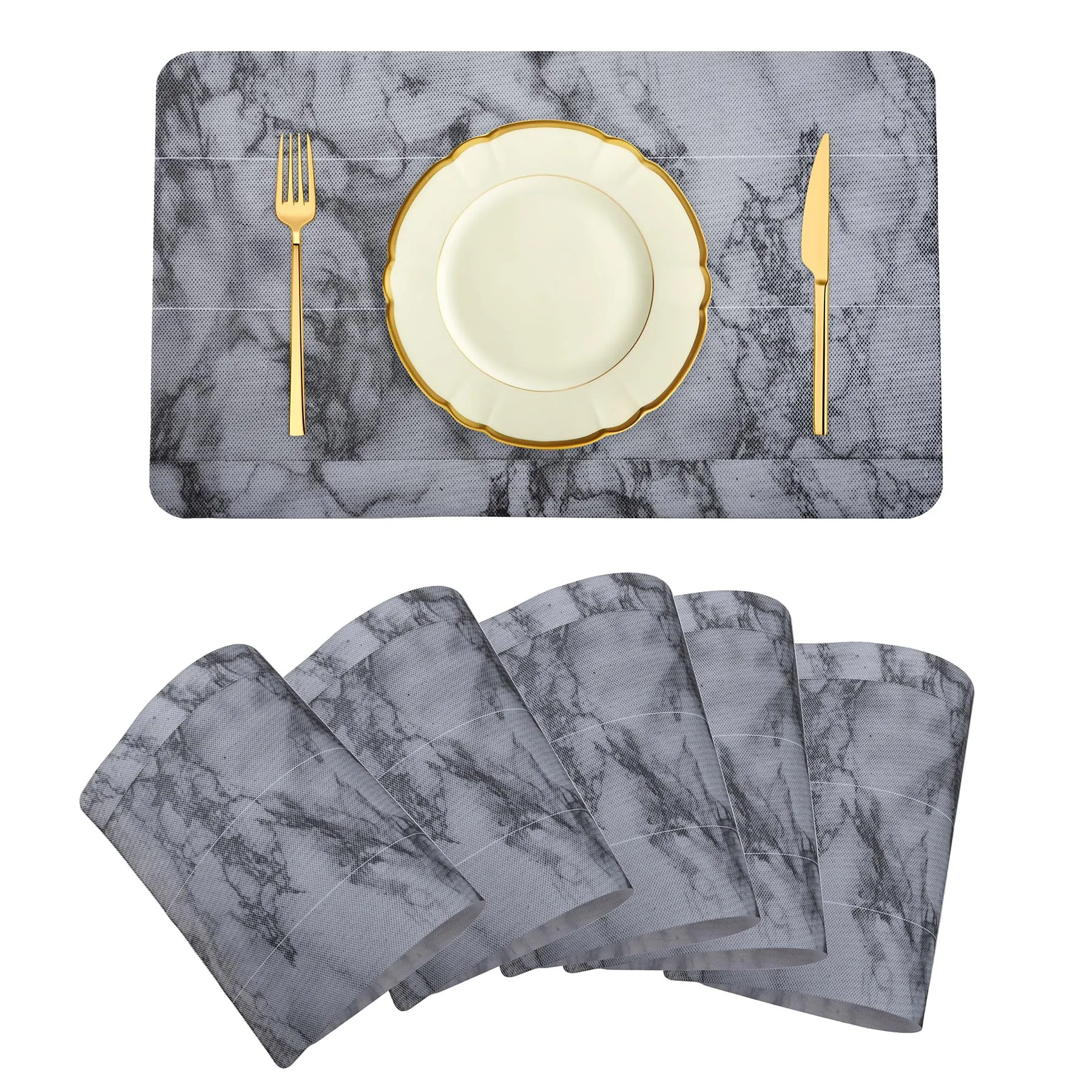 Heart Home Placemat | Placemats for Dining Room | Anti-Slip Table Mat Set | Placemats for Kitchen Table | Dining Table Placemats | Marble Placemat | 6 Piece Set | Gray