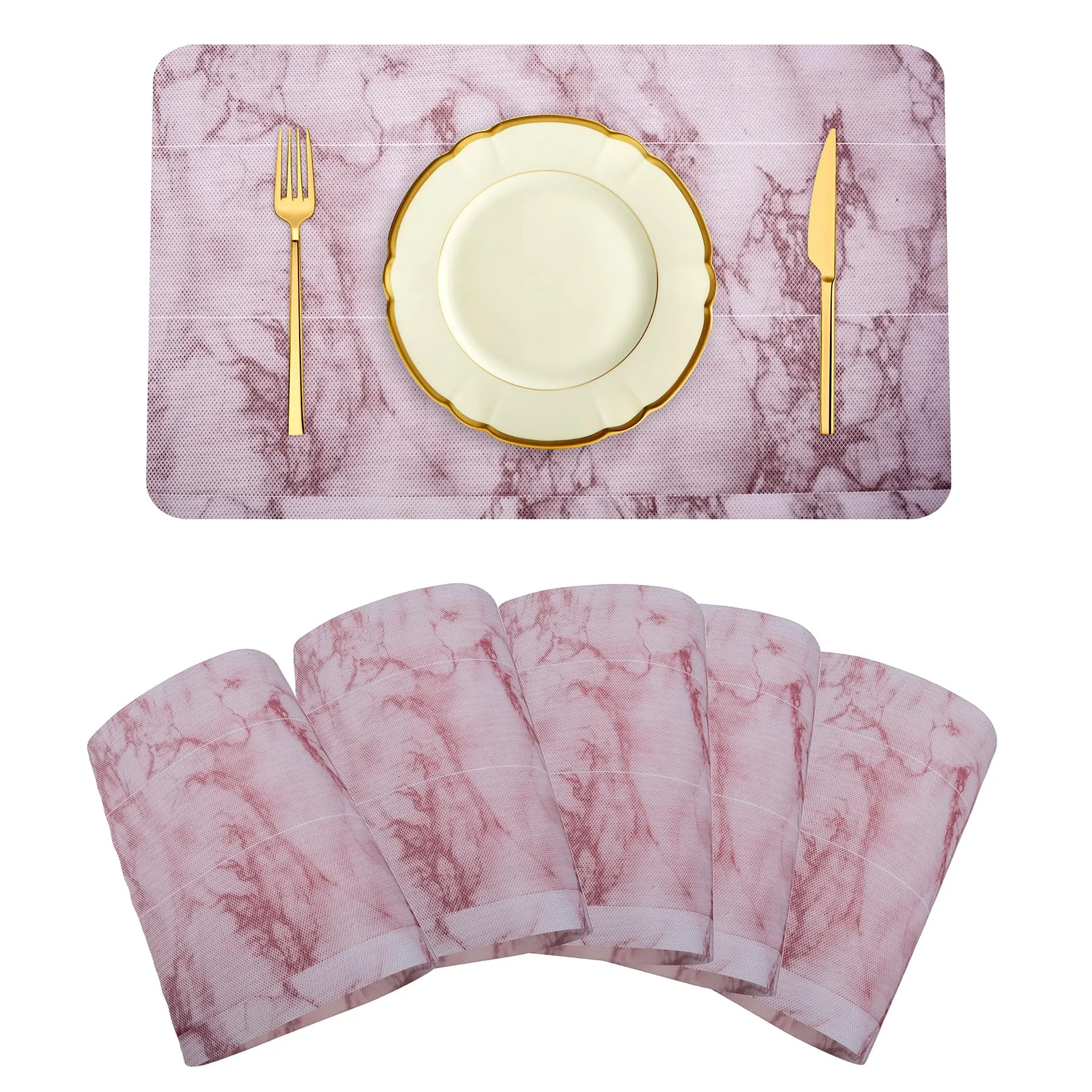 Heart Home Placemat | Placemats for Dining Room | Anti-Slip Table Mat Set | Placemats for Kitchen Table | Dining Table Placemats | Marble Placemat | 6 Piece Set | Pink