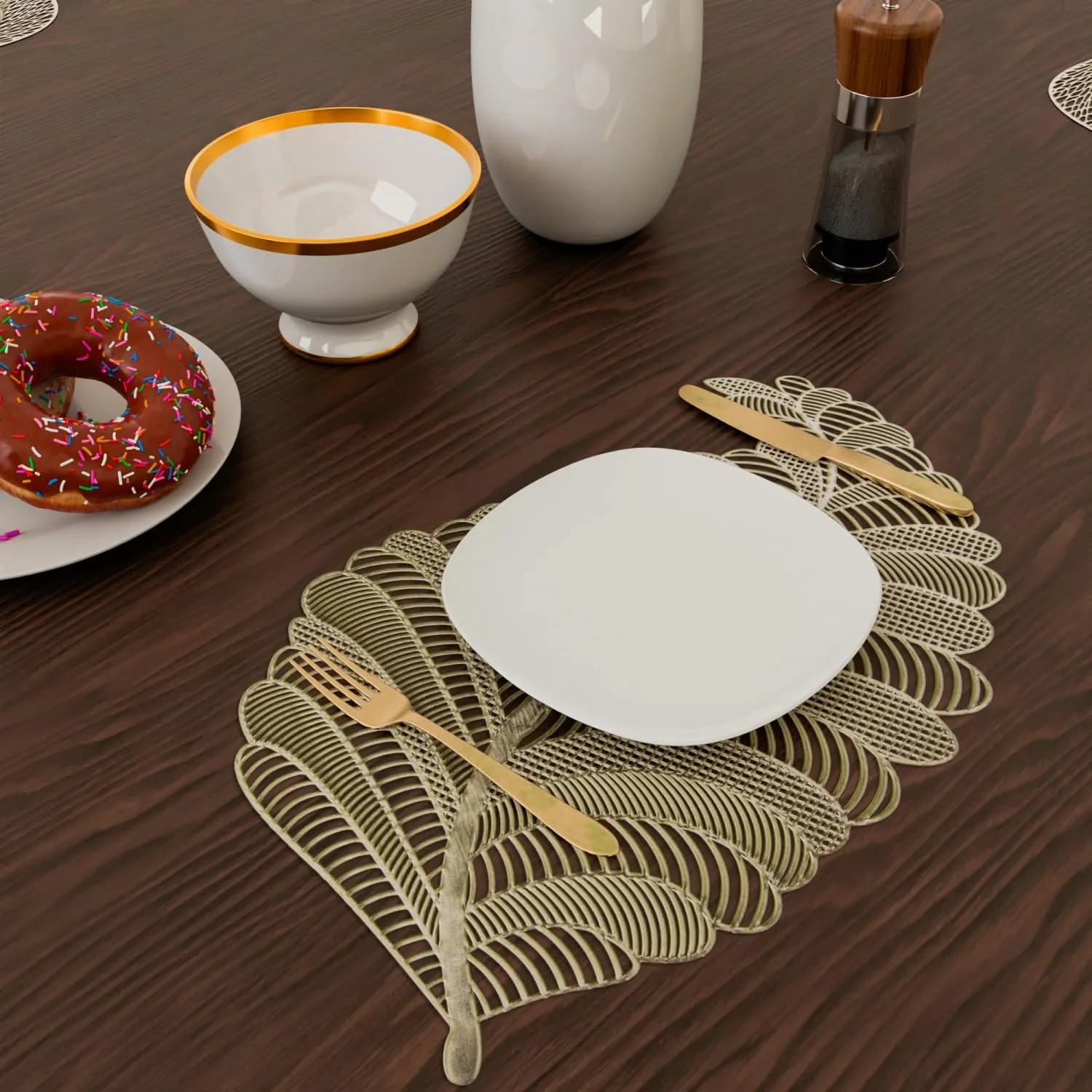 Heart Home Placemat | Placemats for Dining Room | Designer Table Mat Set | Placemats for Kitchen Table | Side Table Placemats | Leaf Shape Placemat | 4 Piece Set | Golden