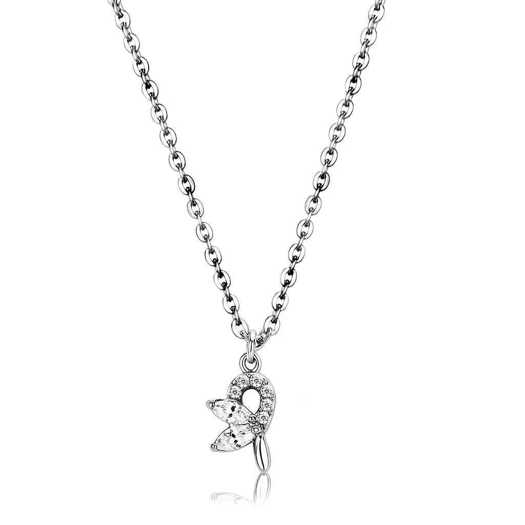 High polished (no plating) Stainless Steel Chain Pendant with AAA Grade CZ in Clear for Women Style DA088